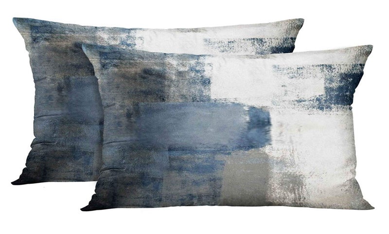 Taysta 2PC Lumbar Decor Throw Pillow Covers Blue and Grey Cushions Rectangle Design Abstract Art Painting Style Modern Contemporary Home Decorative Cushion Pillow Cases 12"" x 20"" Pillowcases - Image 1